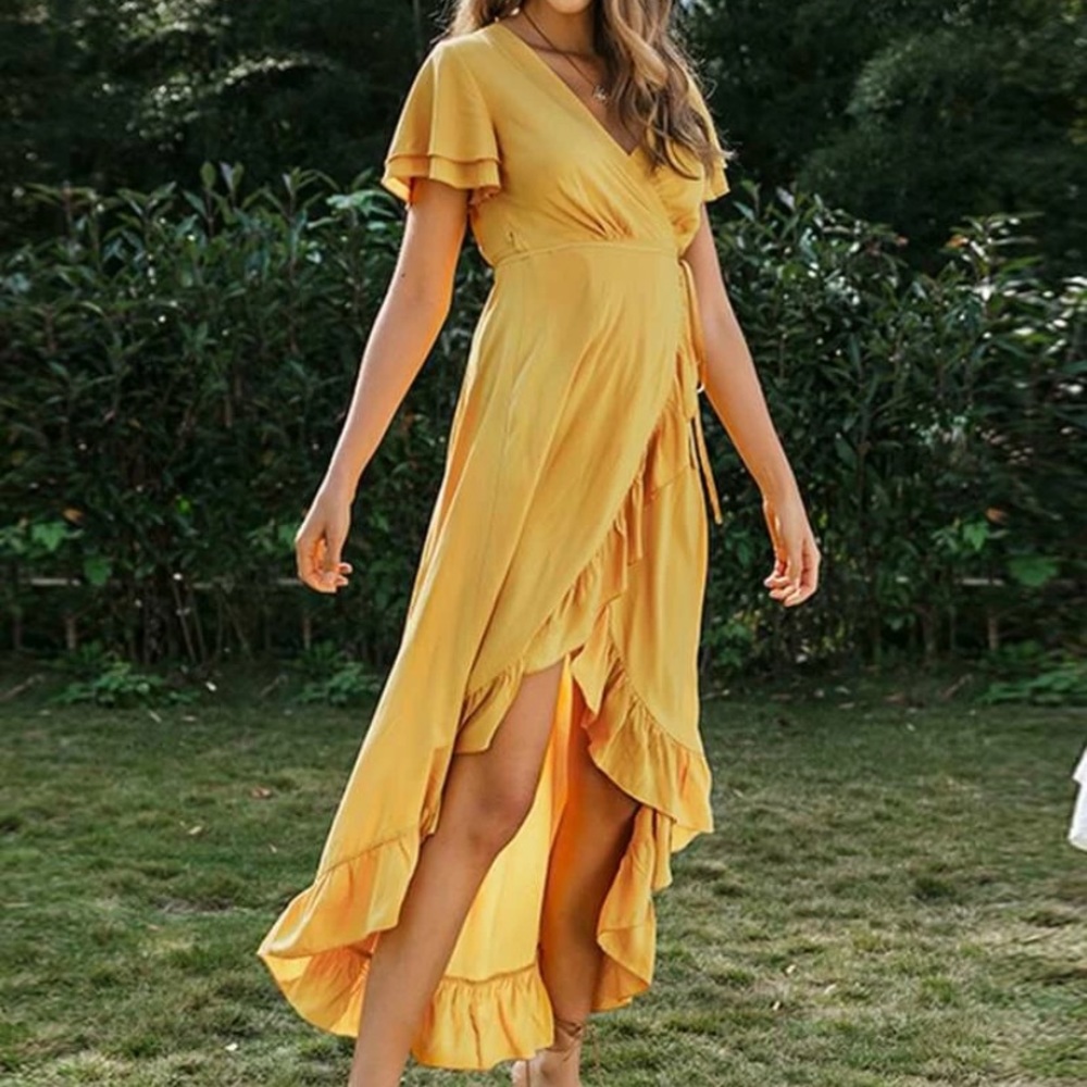 Ruffle Hem Wrap belted high low dress